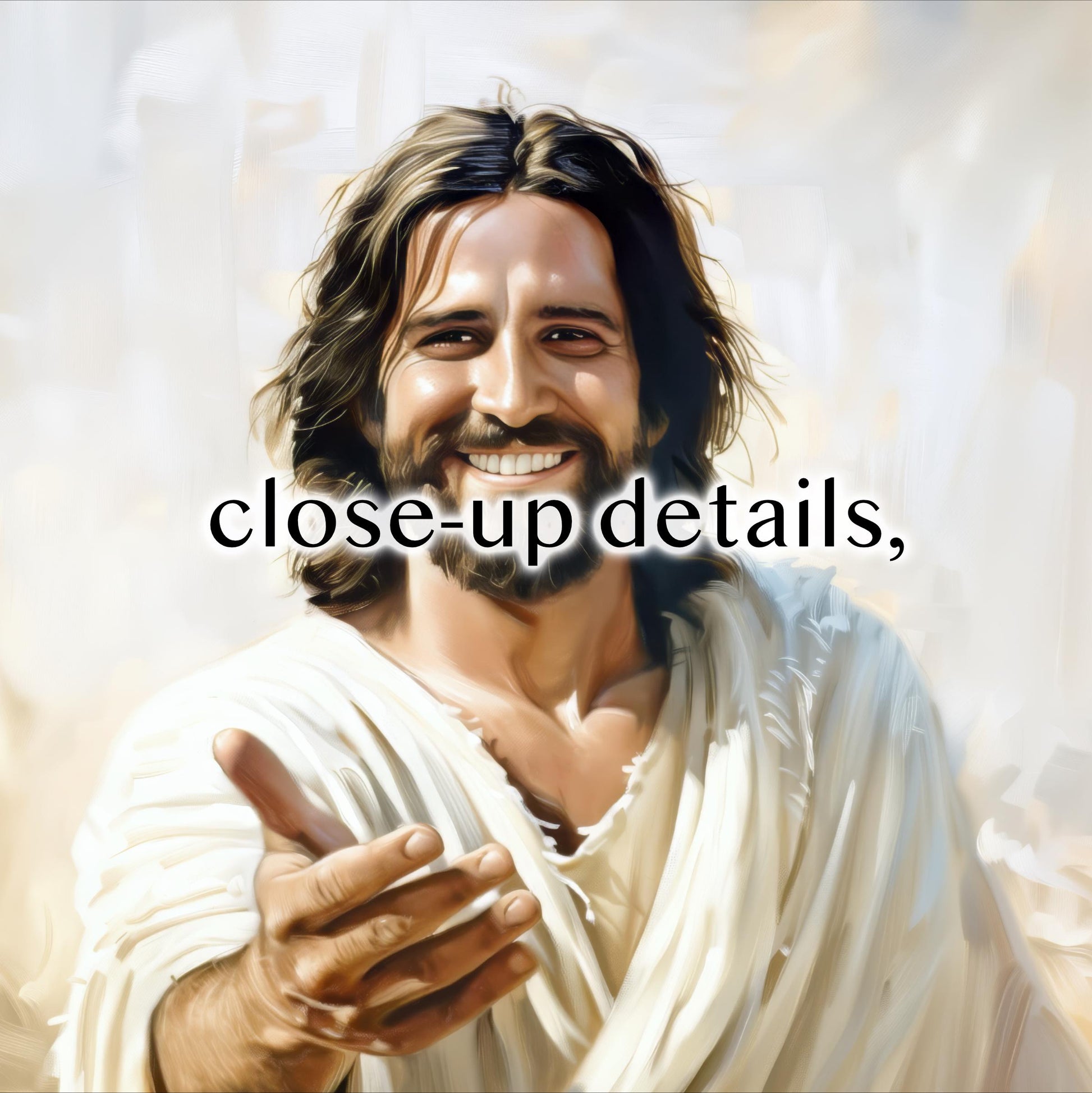 a smiling man with long hair and a beard, wearing a white robe.
