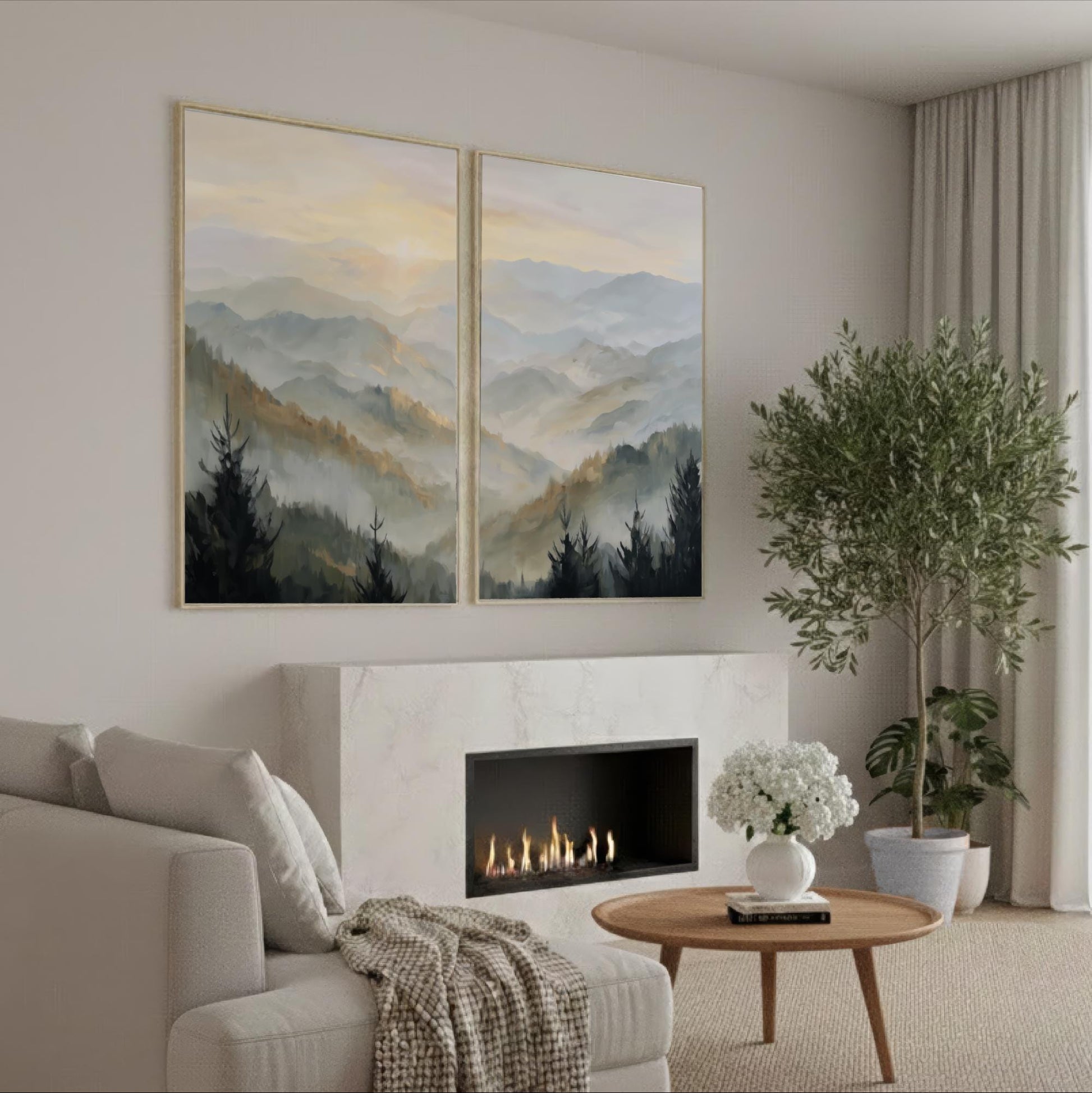 a cozy living room with a fireplace, a comfortable sofa, and a large landscape painting hanging on the wall above the fireplace.