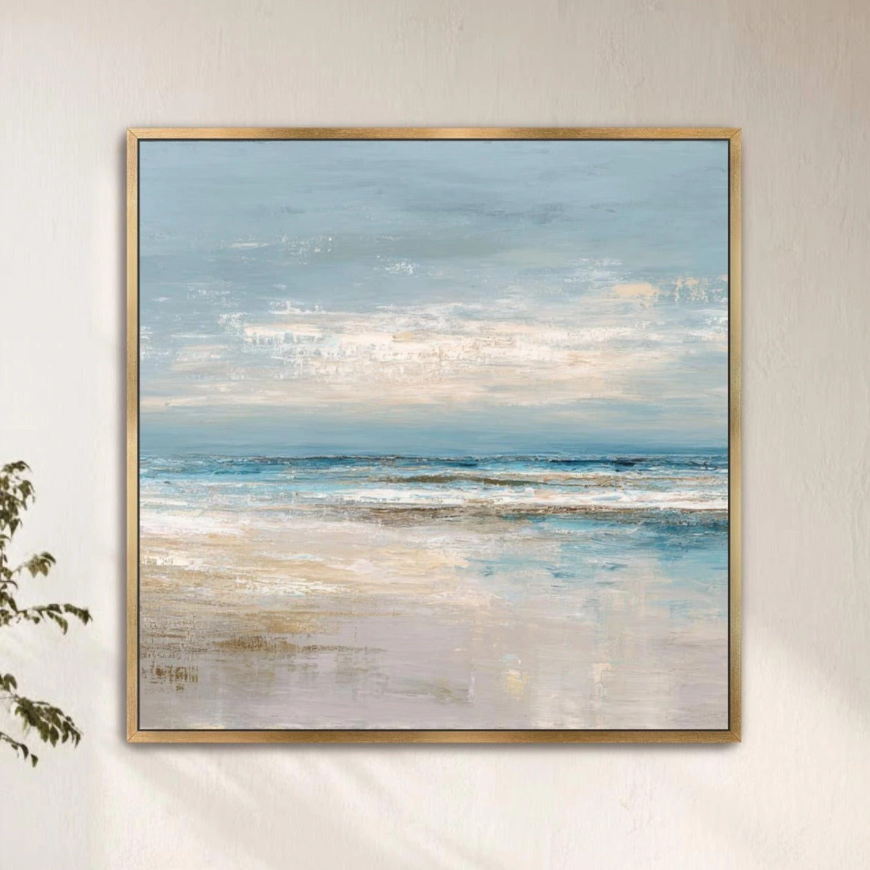 Abstract Square Art, Ocean Beach House Decor, Seascape, Neutral Blue Beige, Framed Canvas Print, Shipped Ready to Hang Large Artwork