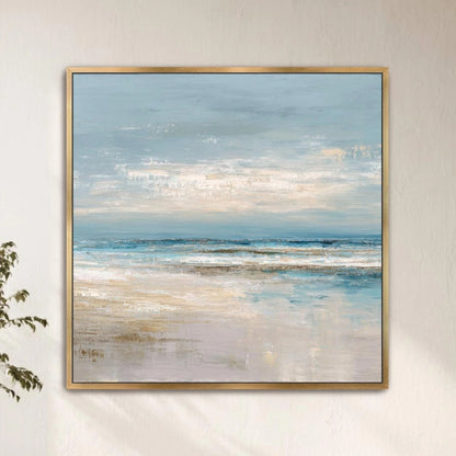 Abstract Square Art, Ocean Beach House Decor, Seascape, Neutral Blue Beige, Framed Canvas Print, Shipped Ready to Hang Large Artwork