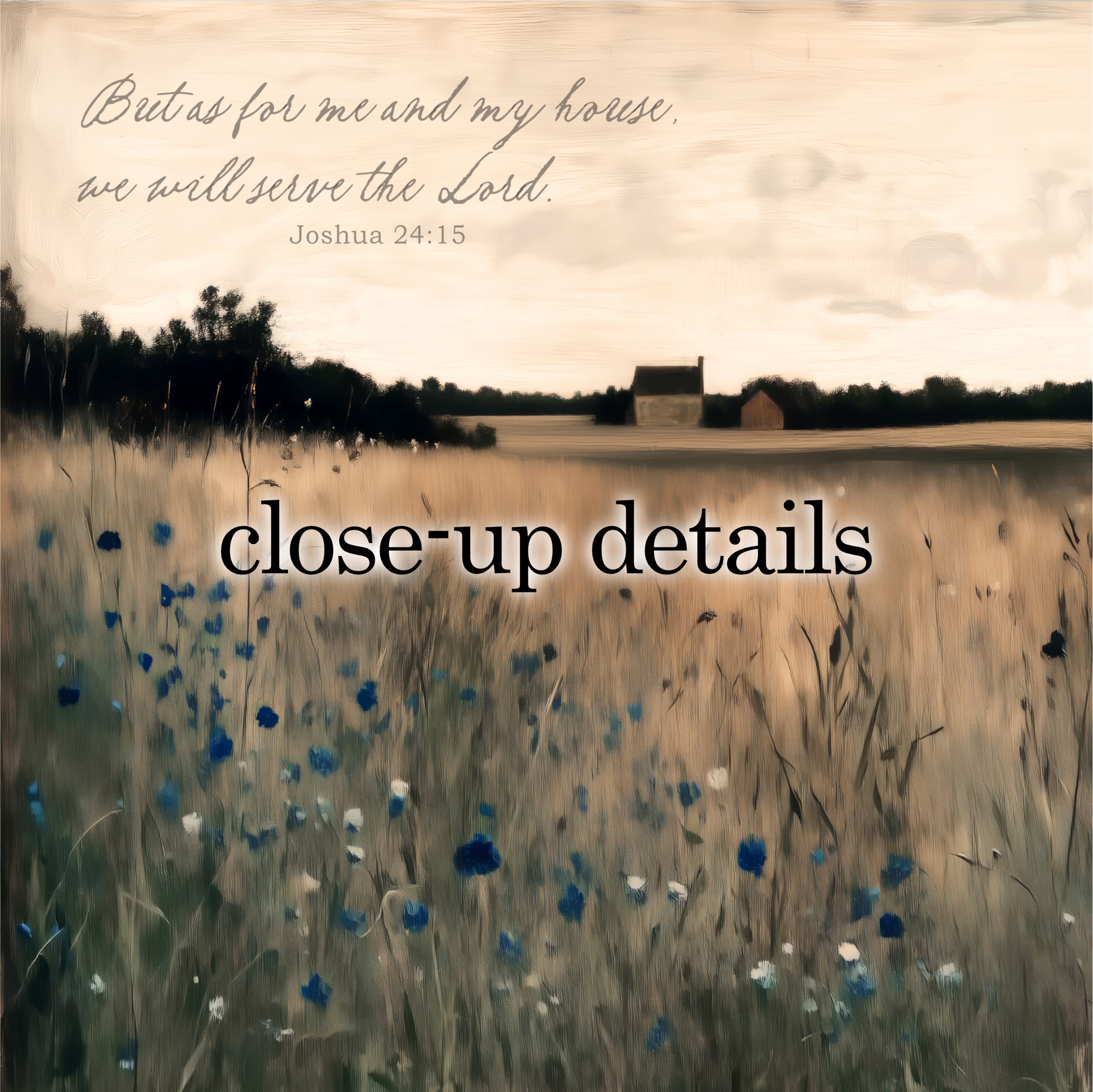 The image is a close-up of a field with blue flowers, featuring a house in the distance. The sky is cloudy, and there is a Bible verse from Joshua 24:15 overlaid on the image.