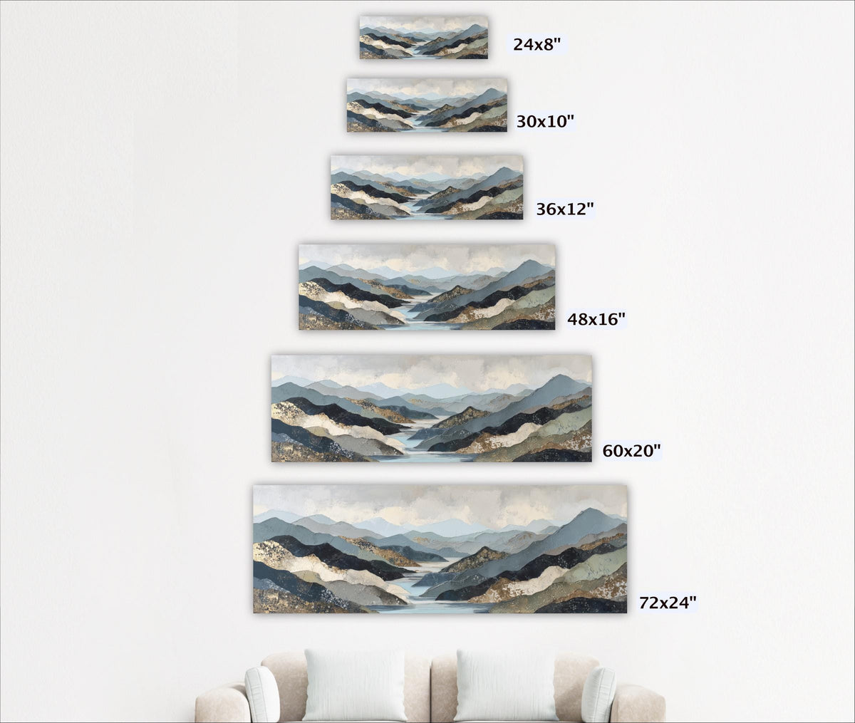 A series of landscape paintings depicting mountains and valleys, each with a different size and frame.