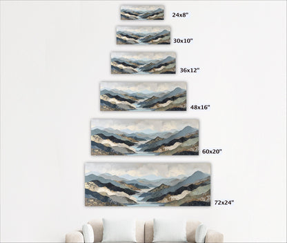 A series of landscape paintings depicting mountains and valleys, each with a different size and frame.