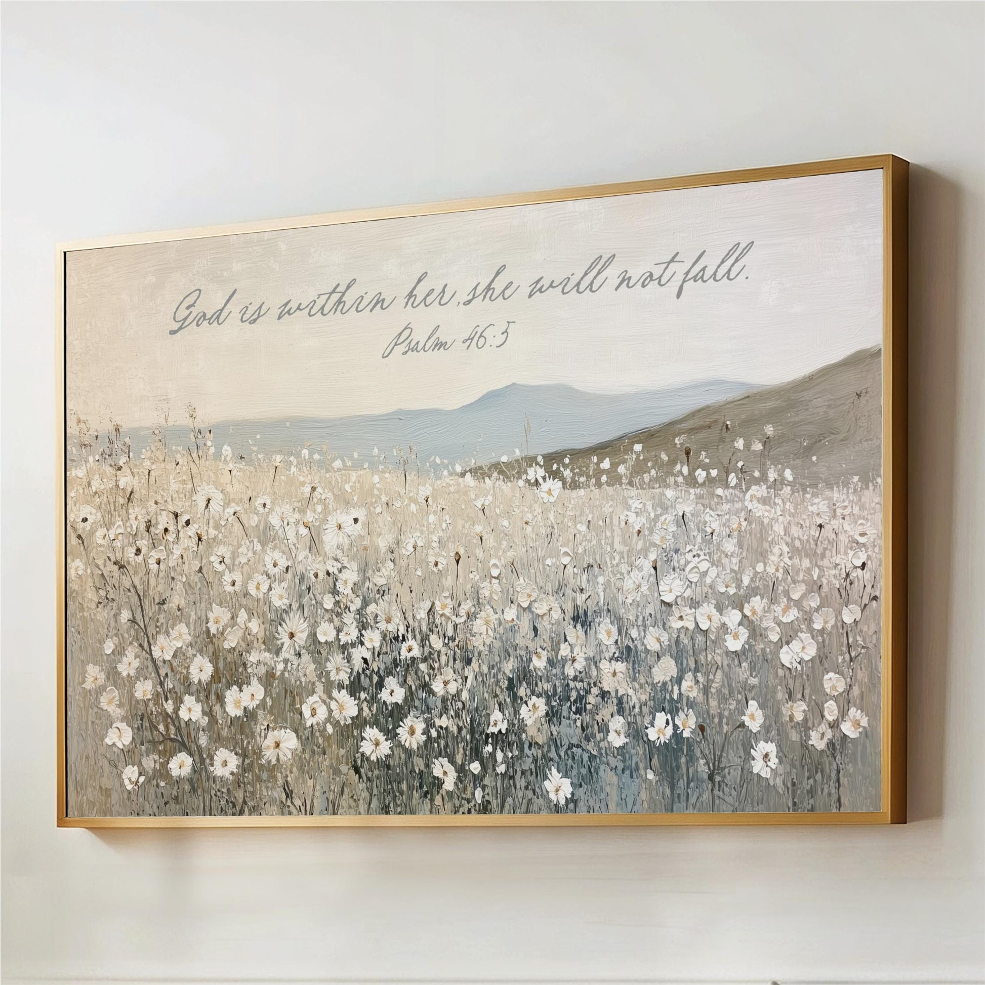 The image is a framed painting depicting a field of white flowers against a mountainous landscape.