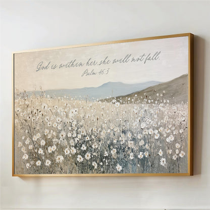 The image is a framed painting depicting a field of white flowers against a mountainous landscape.