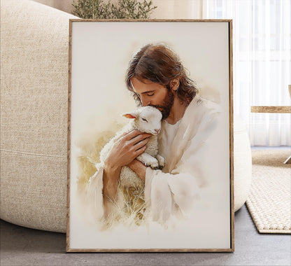 A framed painting depicting a man tenderly holding a lamb, with a serene and peaceful atmosphere.