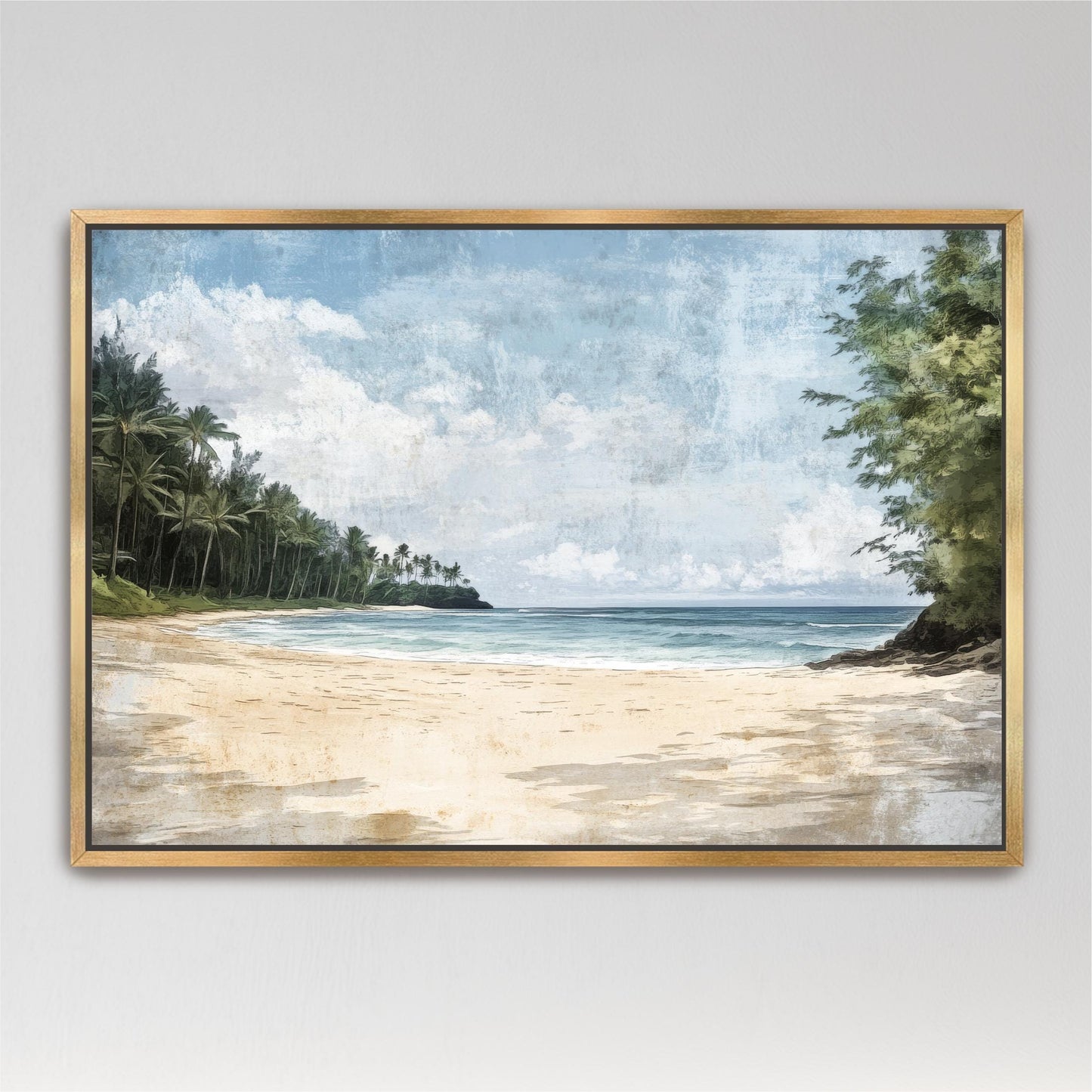 a painting of a beach with palm trees