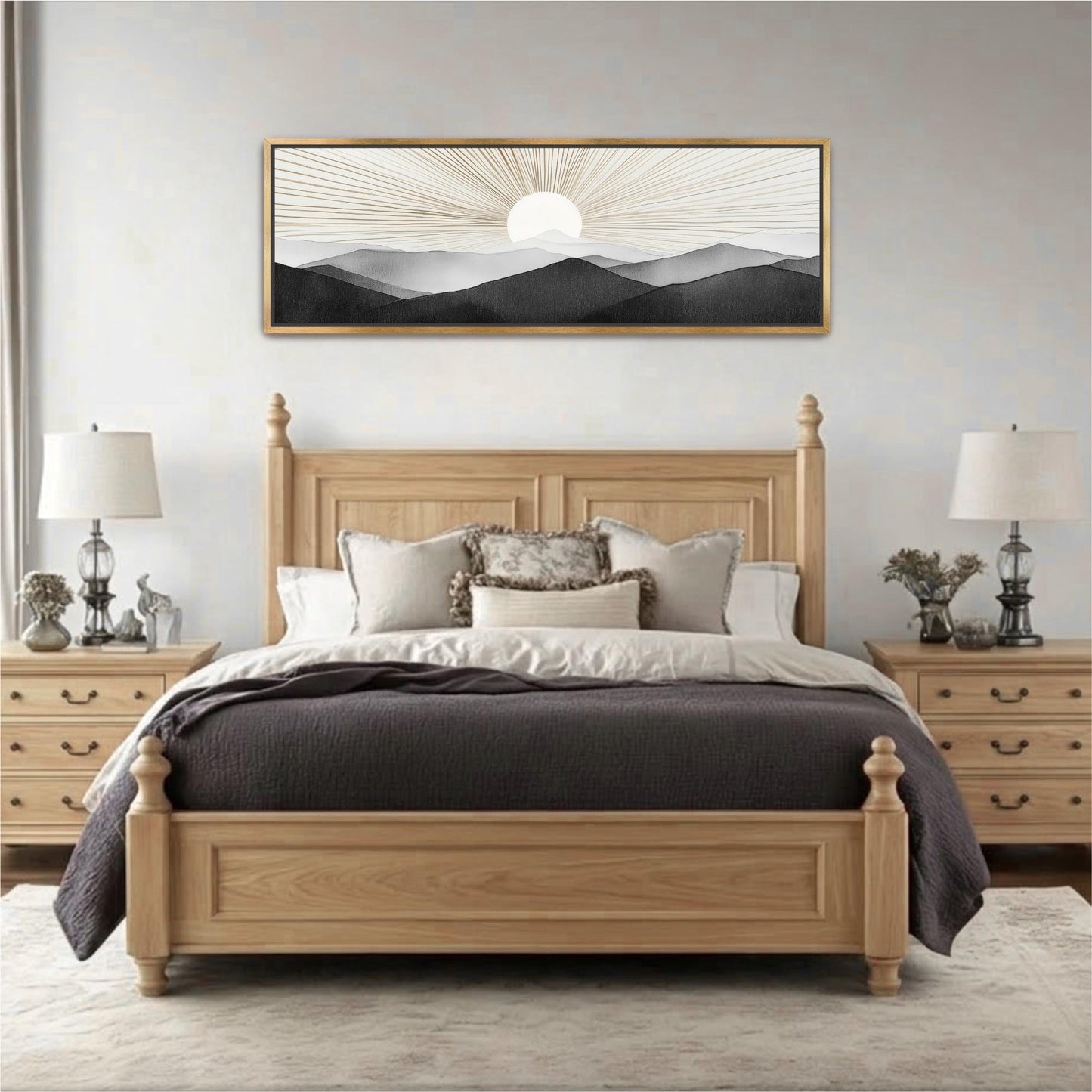 a serene bedroom scene with a large bed, wooden nightstands, and a framed landscape painting above the bed.