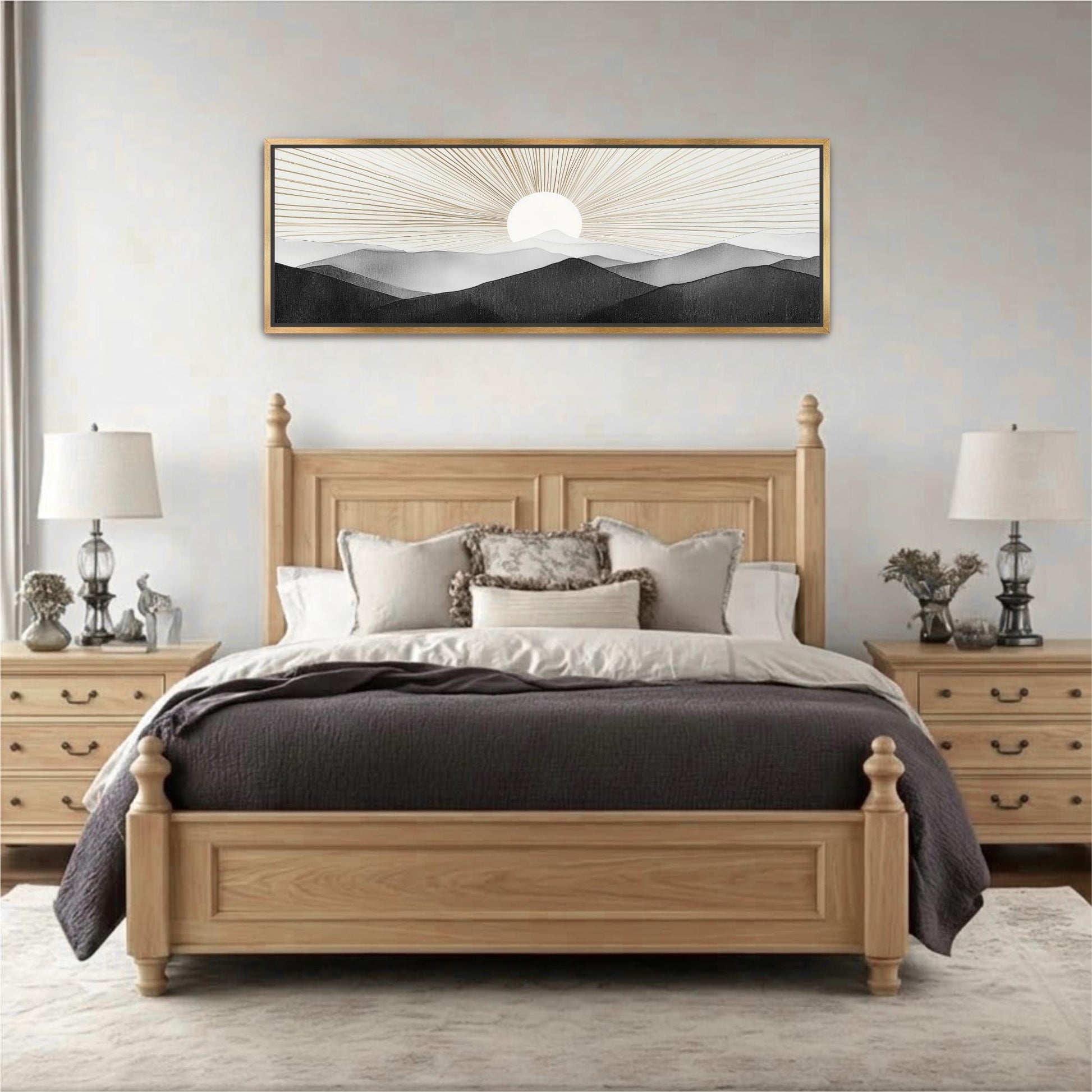 a serene bedroom scene with a large bed, wooden nightstands, and a framed landscape painting above the bed.