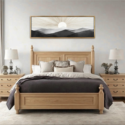 a serene bedroom scene with a large bed, wooden nightstands, and a framed landscape painting above the bed.
