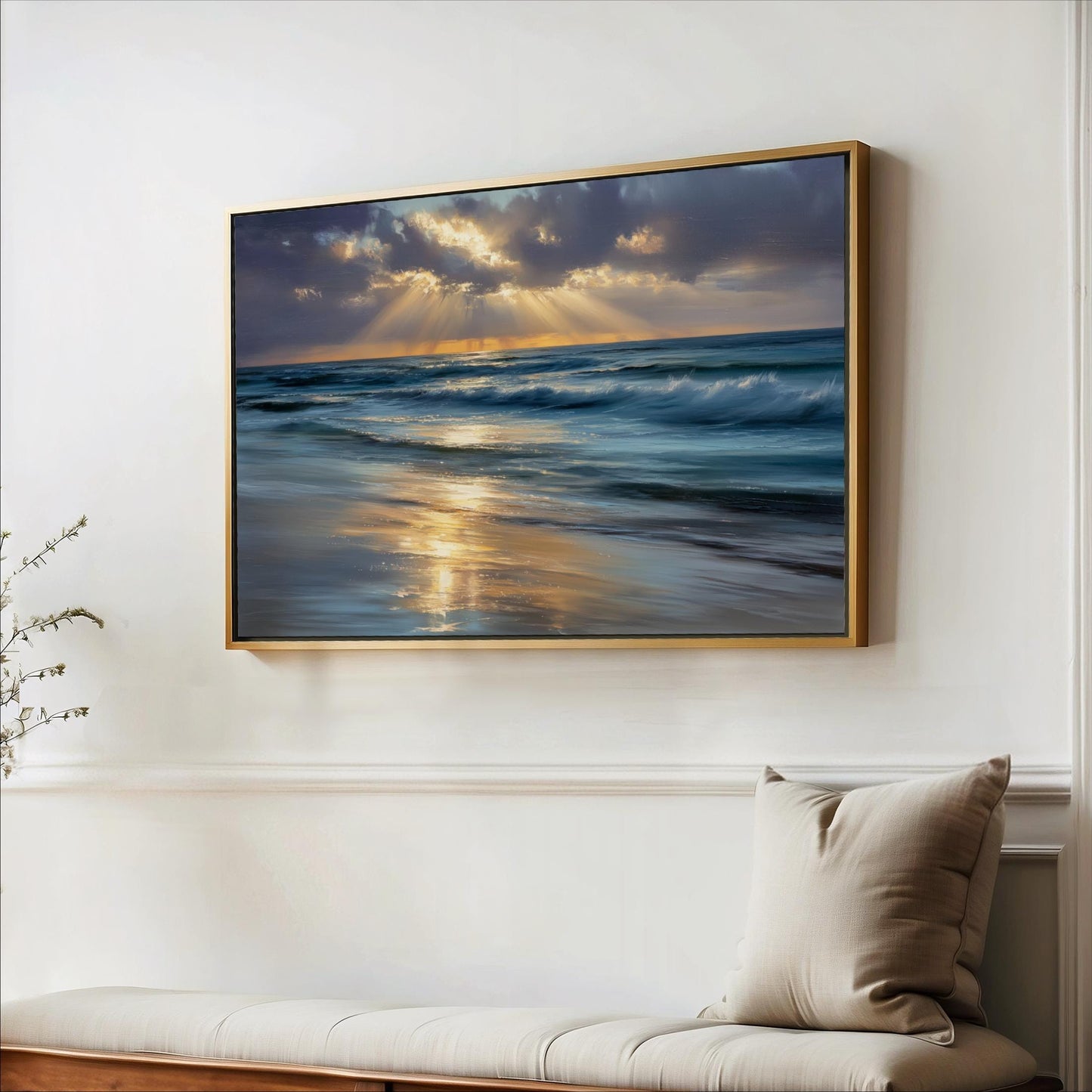a serene beach scene with a large painting of the ocean hanging on a white wall above a wooden bench.