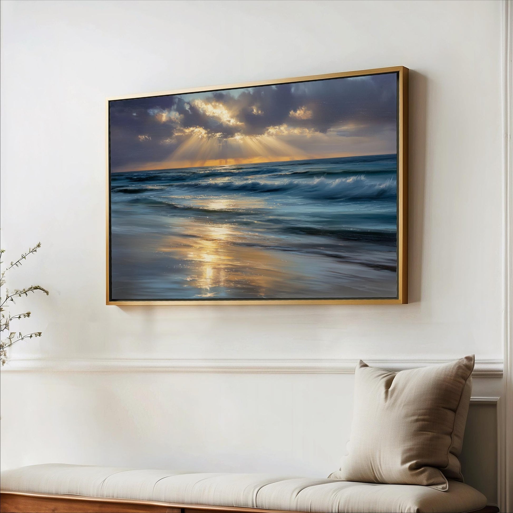 a serene beach scene with a large painting of the ocean hanging on a white wall above a wooden bench.