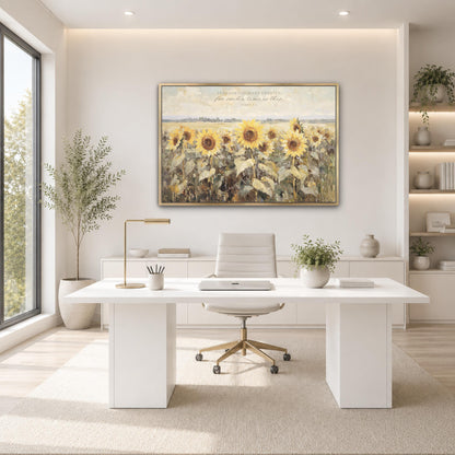 A modern, minimalist office space with a large painting of sunflowers on the wall, a white desk with a computer, and a comfortable-looking chair.