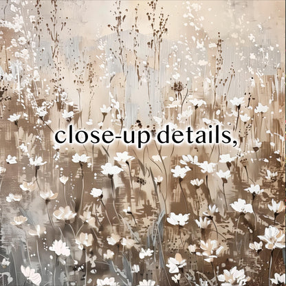 The image is a close-up of a field of white flowers, with the text "close-up details" overlaid on the image.