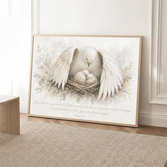 Scripture Wall Art, He Will Cover You With His Feathers, Psalm 91:4 Bird Nest Watercolor, Christian Neutral Bible Verse Print, Faith Decor