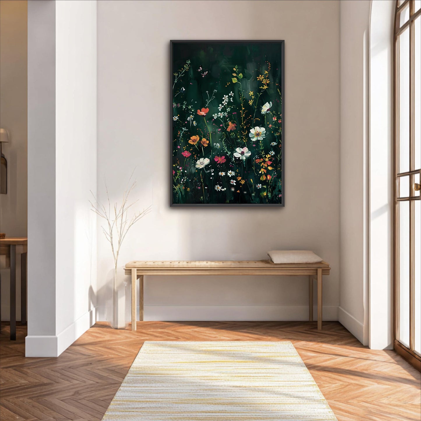 a serene and inviting living space with a large, vibrant painting of flowers hanging on the wall above a wooden bench. The painting features a variety of colorful flowers, creating a lively and cheerful atmosphere in the room.