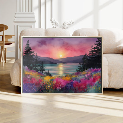 a large, framed painting depicting a serene landscape with a sunset over a body of water, surrounded by trees and colorful flowers.