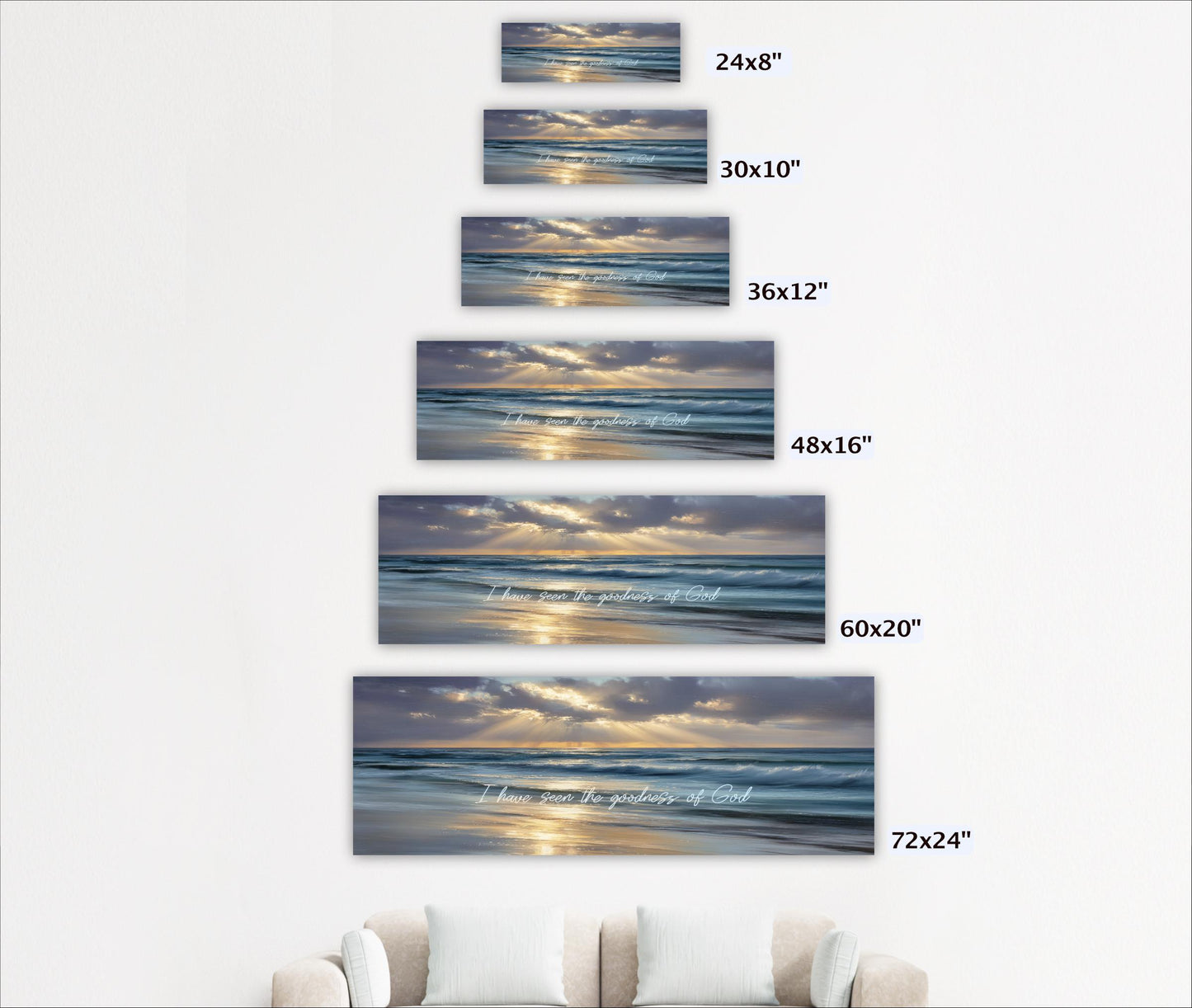 A series of framed photographs depicting a serene beach scene with a sunset over the ocean.