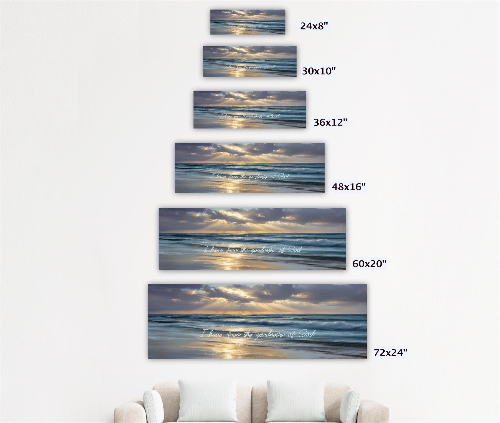 A series of framed photographs depicting a serene beach scene with a sunset over the ocean.