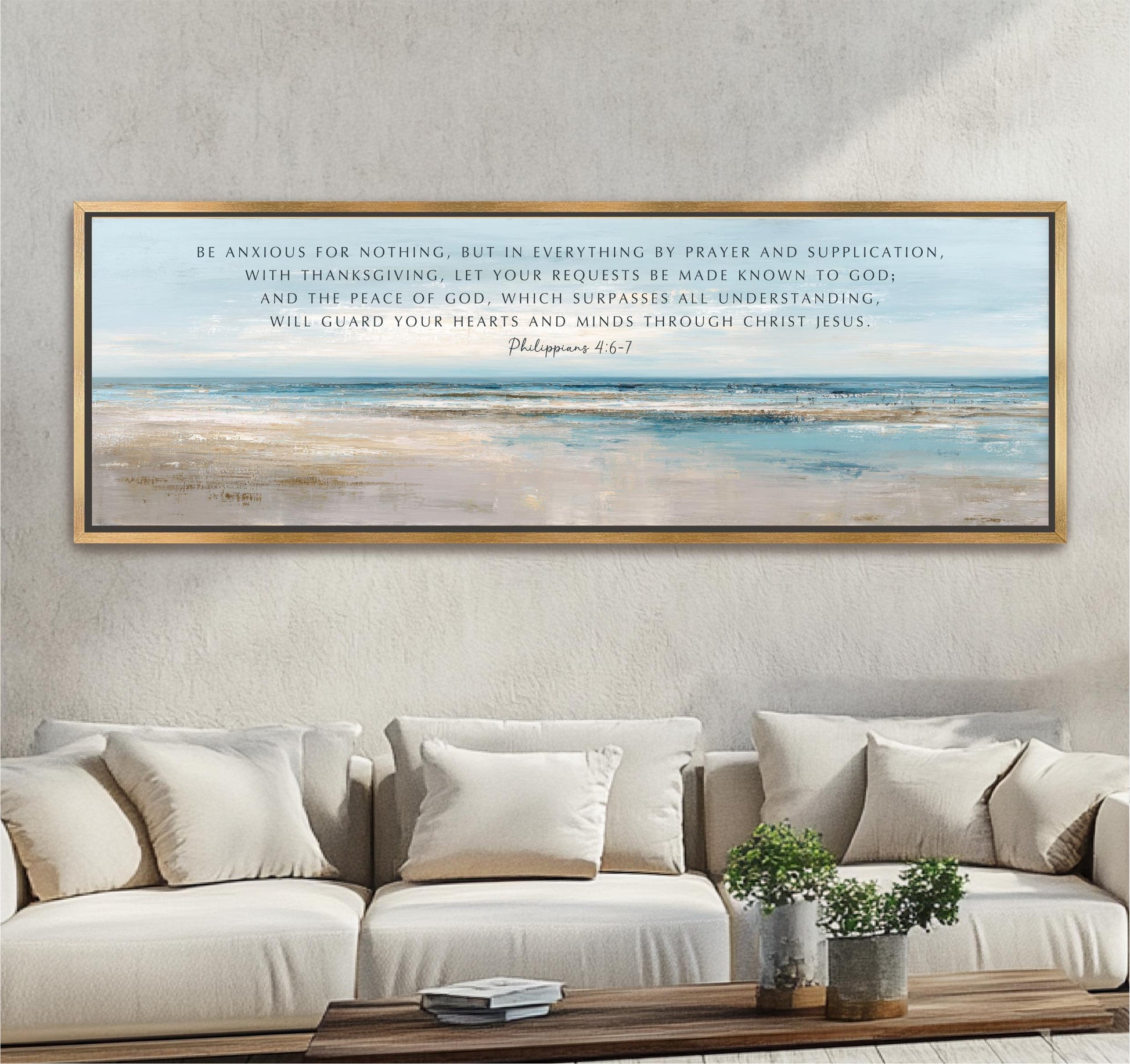 Abstract Coastal Seascape Be Anxious for Nothing, Scripture Art, Framed Canvas Print, Christian Decor, Long Wide, Seascape Beach House