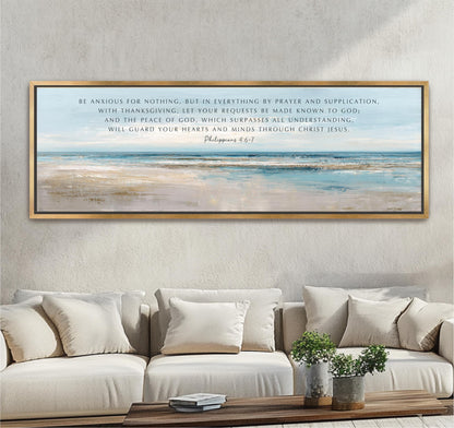 Abstract Coastal Seascape Be Anxious for Nothing, Scripture Art, Framed Canvas Print, Christian Decor, Long Wide, Seascape Beach House