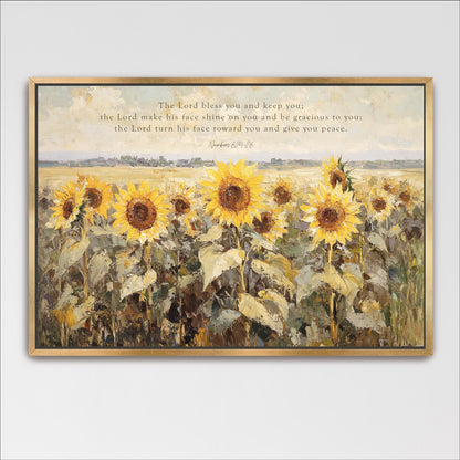 The image is a painting of a field of sunflowers, with a text overlay that reads "The Lord Bless you and keep you; The Lord make his first shine on you and he begracious to you; the Lord turn his face towards you and give you peace."