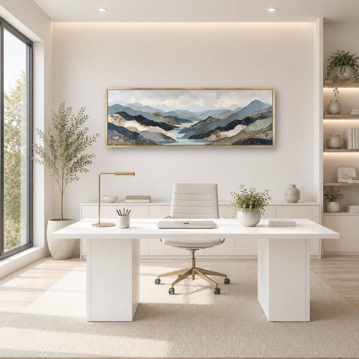 a modern, minimalist office space with a large window, a white desk, a white chair, and a framed landscape painting on the wall.