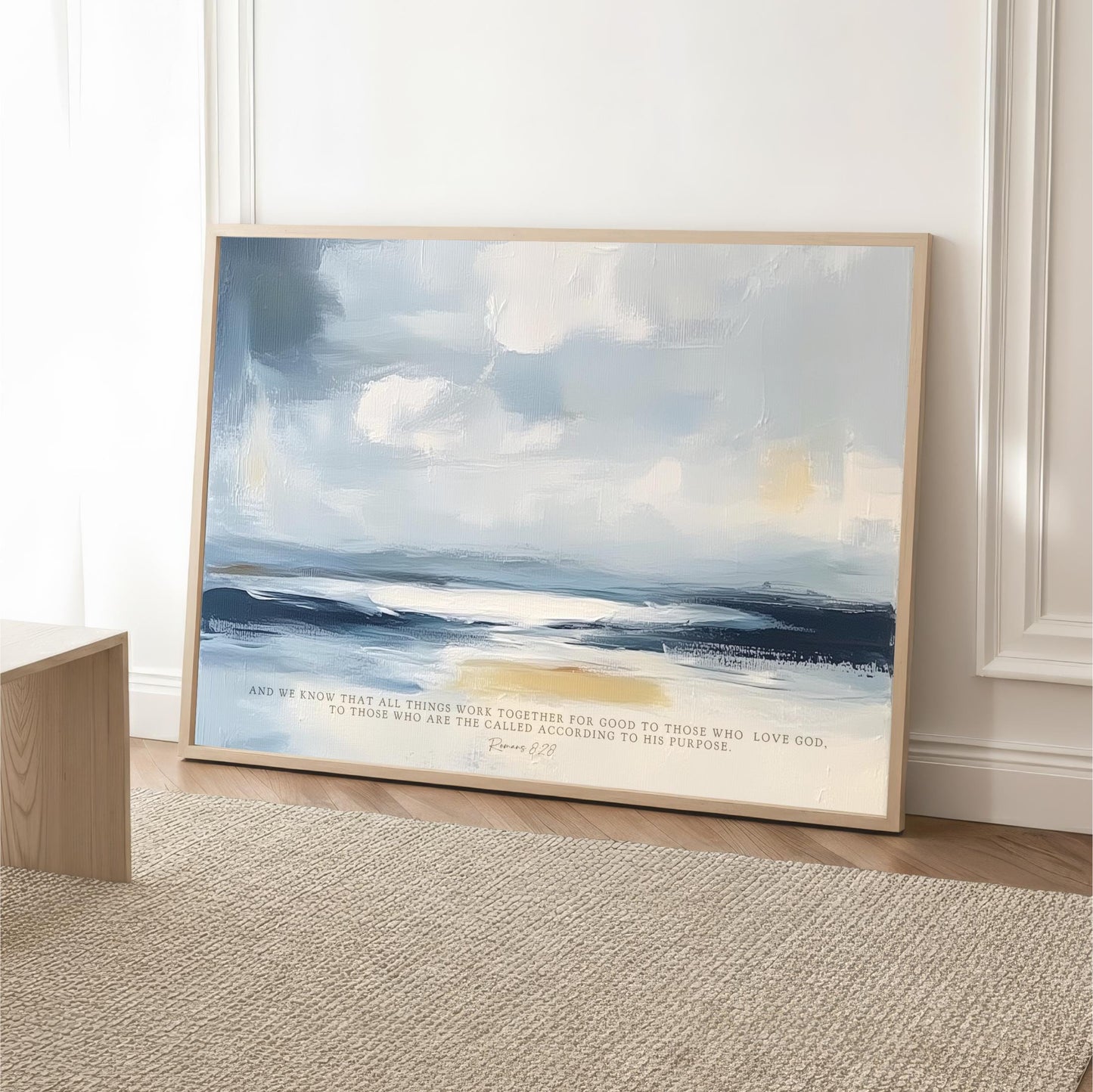 a large abstract painting of a cloudy sky with a beach scene in the background, displayed on a wall.