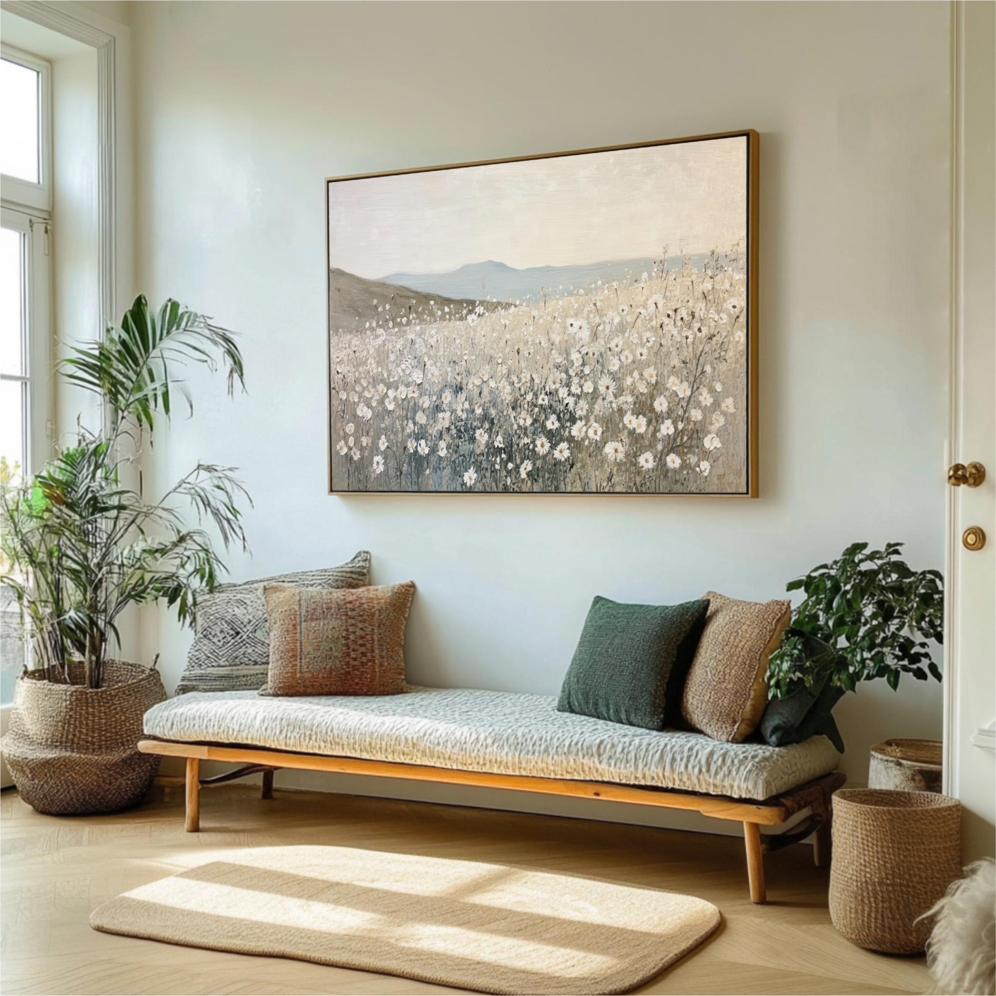 a living room with a large painting of a field of flowers hanging on the wall above a couch with pillows. The room is decorated with potted plants and a rug, creating a cozy and inviting atmosphere.