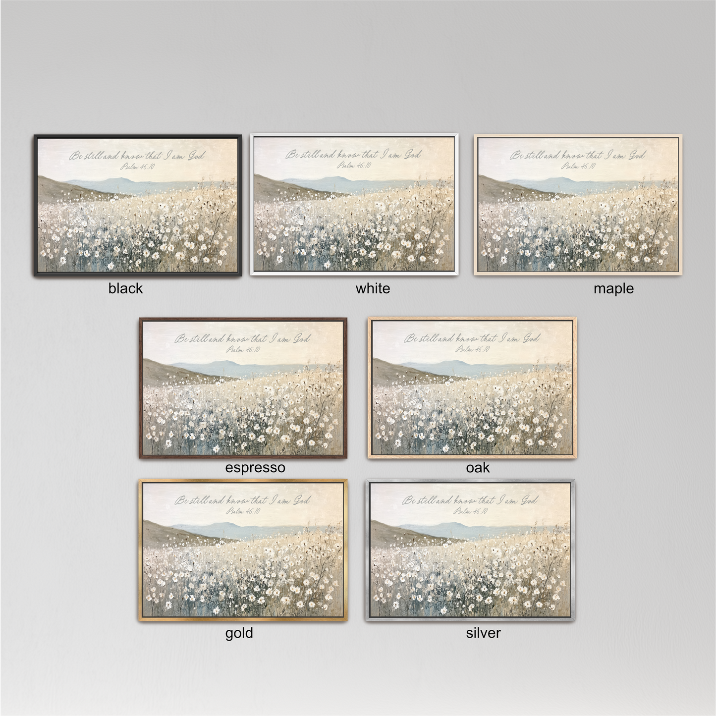 six framed pictures of a field of flowers, each with a different color frame. The pictures are arranged in a grid with three rows and two columns.