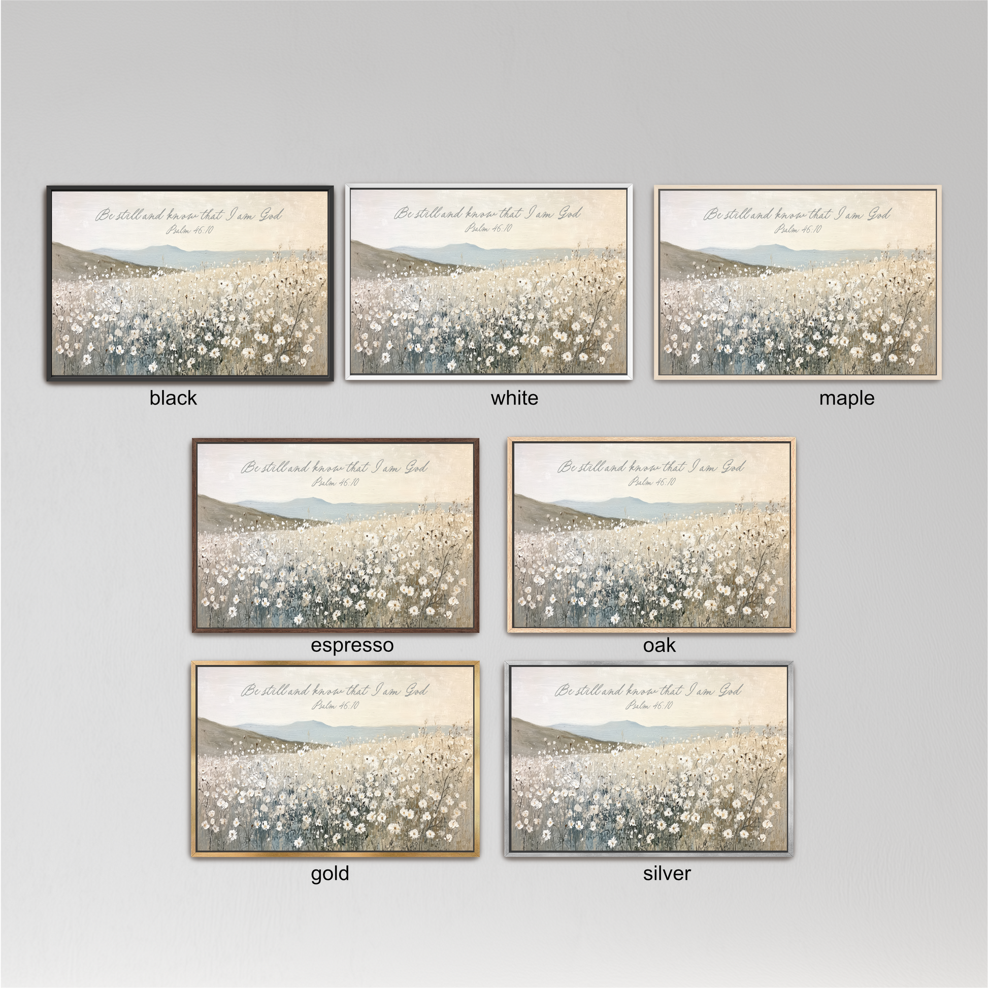 six framed pictures of a field of flowers, each with a different color frame. The pictures are arranged in a grid with three rows and two columns.