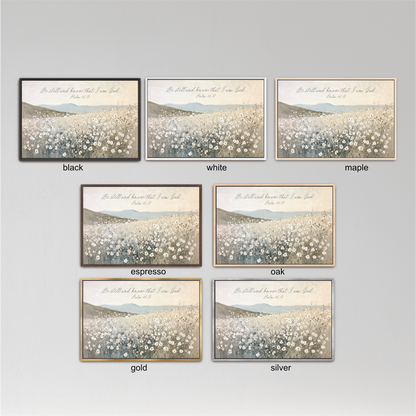 six framed pictures of a field of flowers, each with a different color frame. The pictures are arranged in a grid with three rows and two columns.
