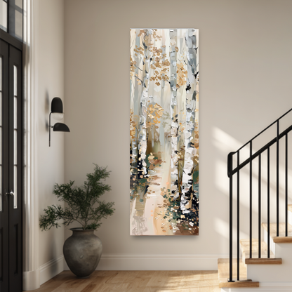 a large vertical painting of a forest scene hanging on a wall in a room.