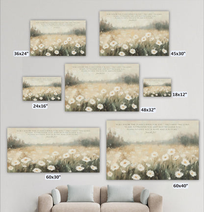 a collection of five framed paintings or prints of a field of white flowers, each with a different size and frame. The paintings are arranged on a wall, and there is a couch in the background.