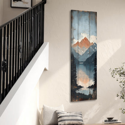 a wall with a large, colorful painting depicting a mountain landscape with a lake and trees. The painting is hanging on the wall, and there is a staircase visible in the background.