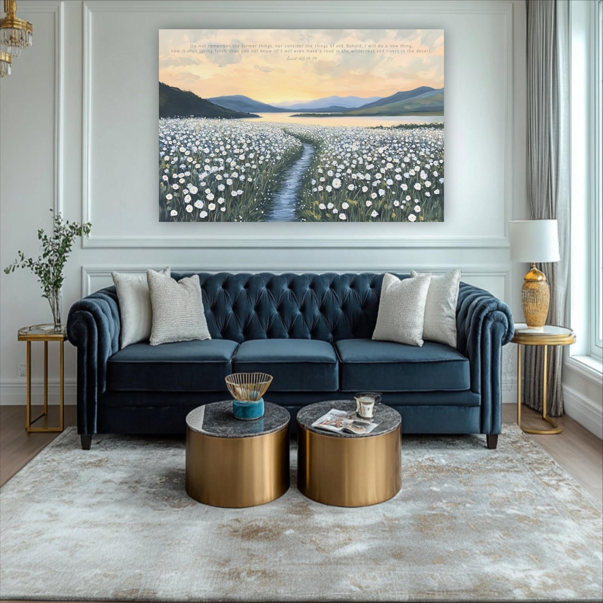 a living room with a blue tufted sofa, two round coffee tables, and a large landscape painting depicting a field of flowers.