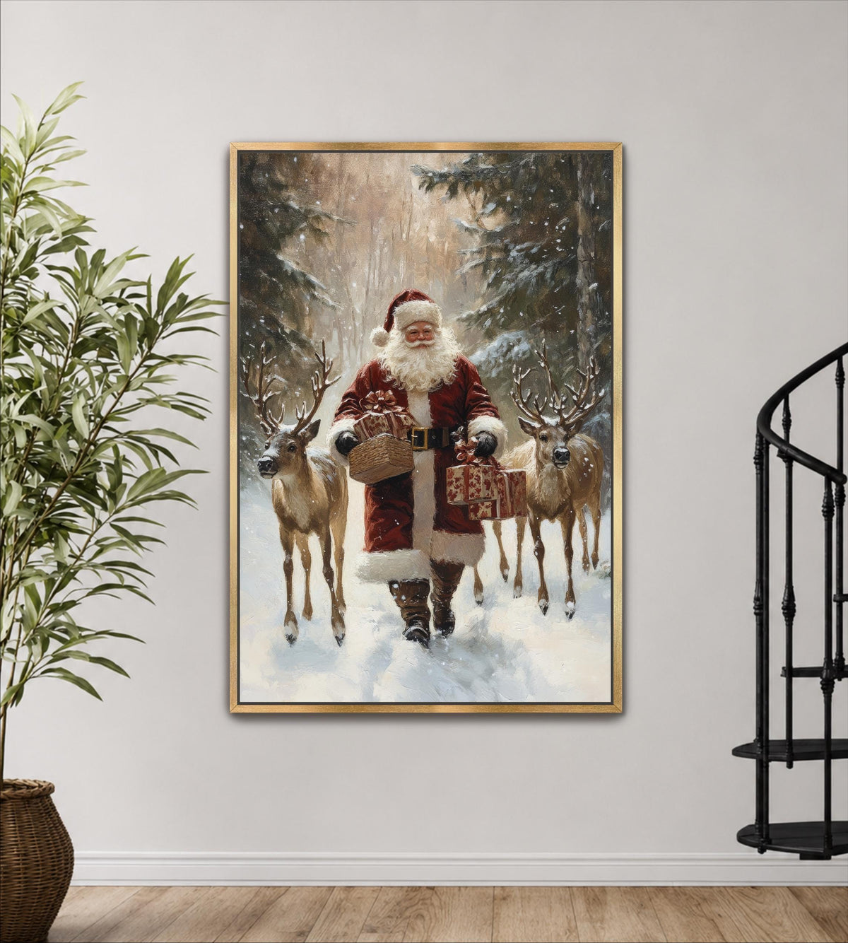 A framed painting depicting Santa Claus walking through a snowy forest with two reindeer.