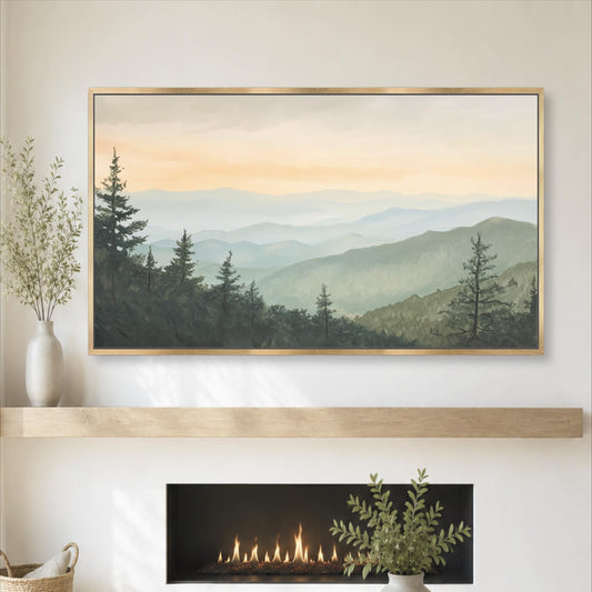 Forest Mountain Framed Wall Art, Abstract Sage Green Yellow Landscape Canvas Print, Large Horizontal ArtWork Nature Decor, Pine Trees