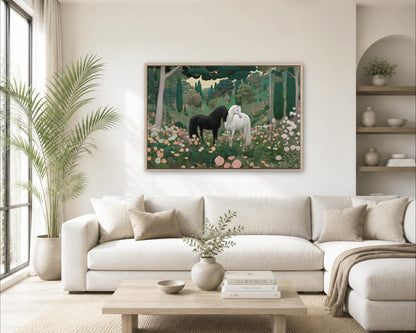 a serene living room with a large painting of two horses in a lush, forested landscape hanging on the wall above a beige sofa.