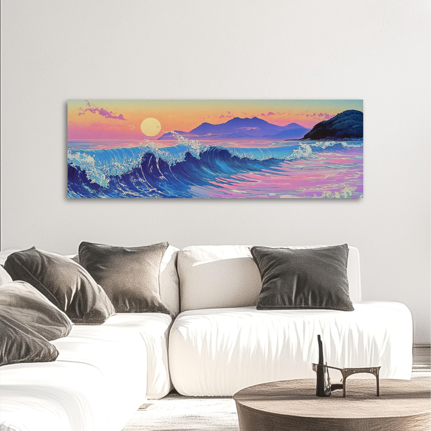 a living room with a couch and a painting on the wall