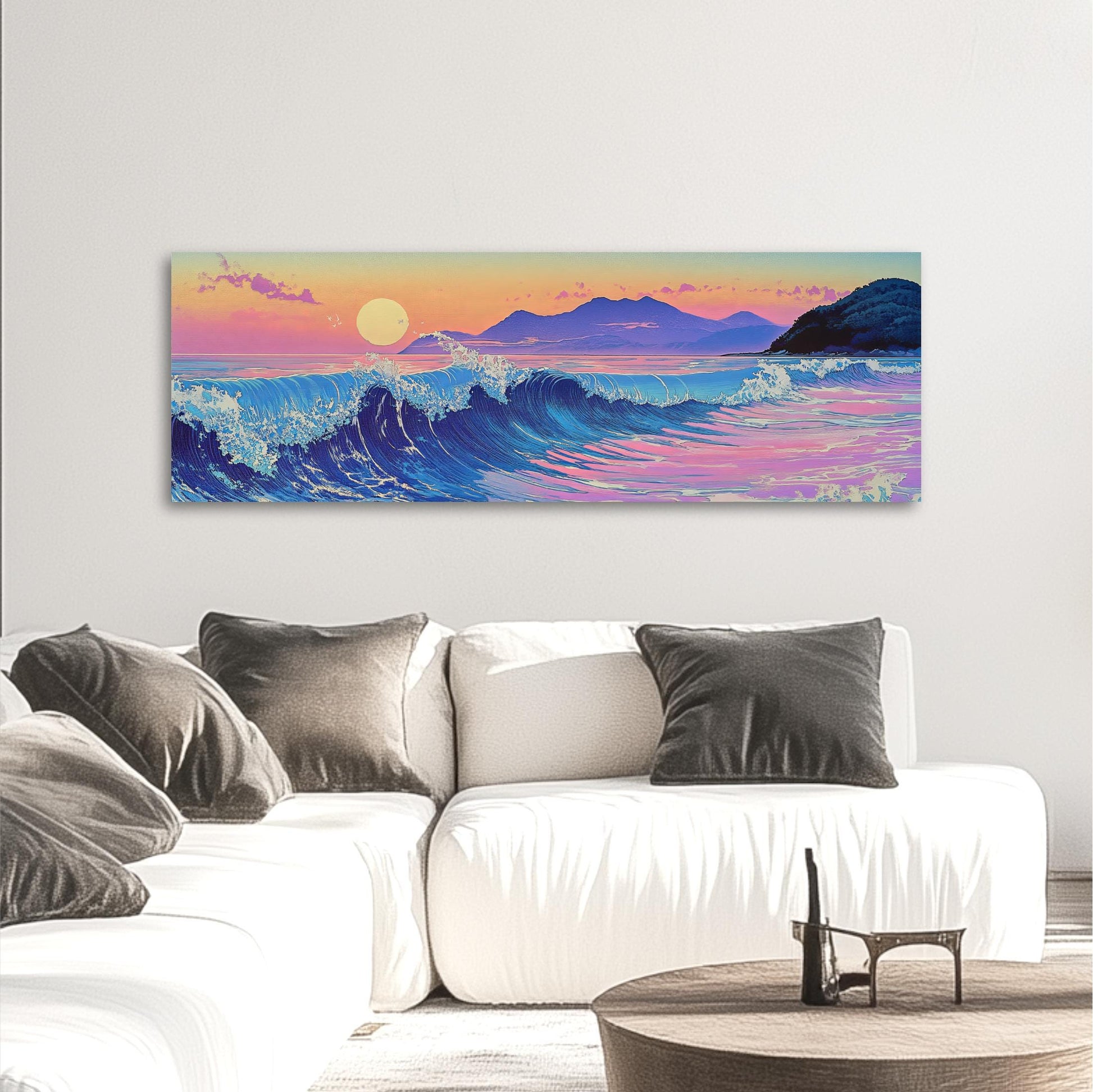 a living room with a couch and a painting on the wall