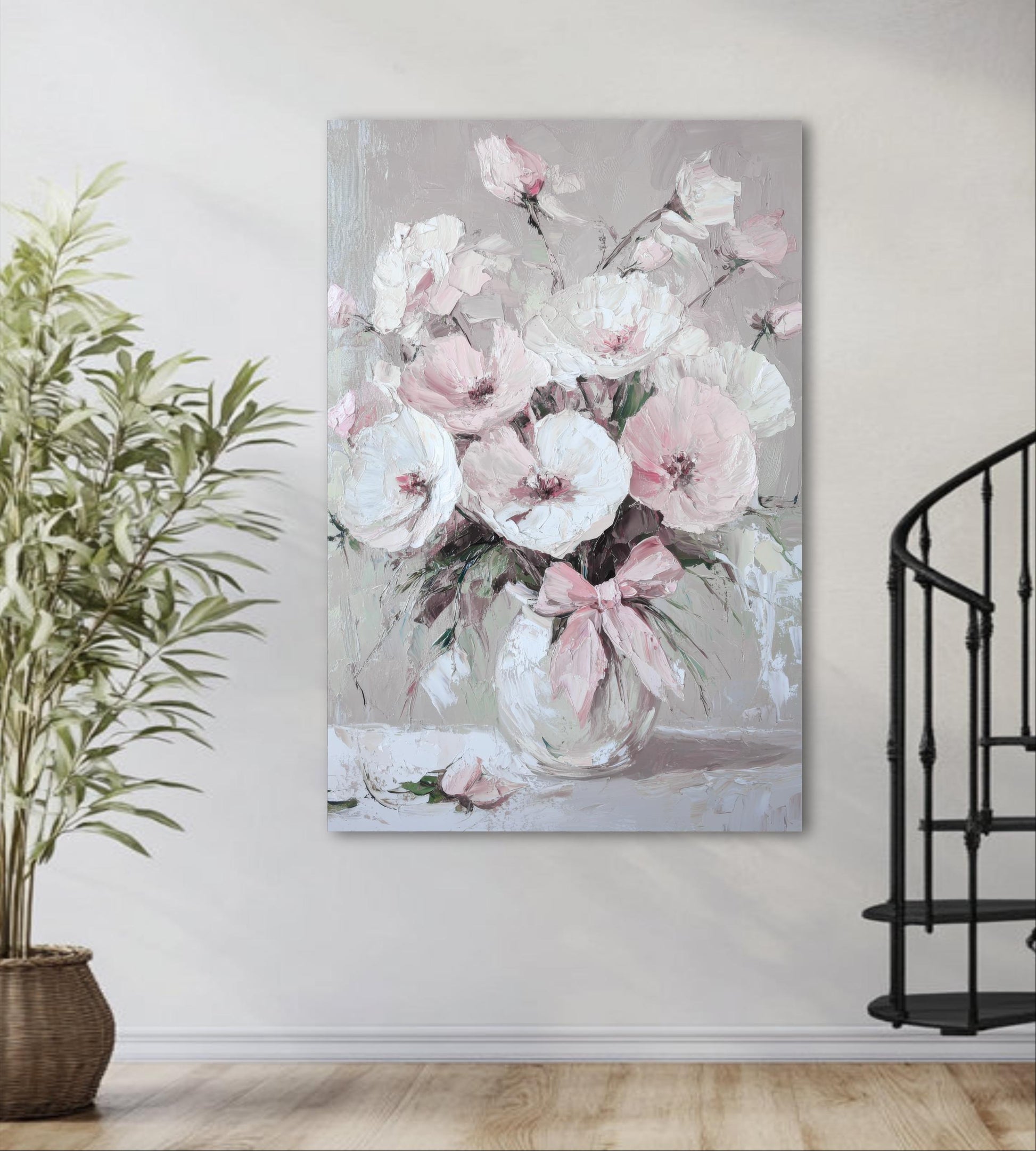 a painting of pink and white flowers in a vase