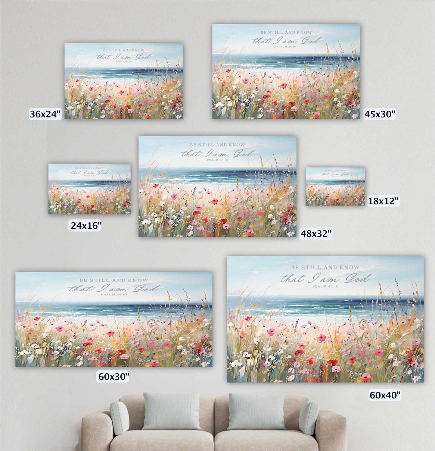 a collection of five framed artworks depicting a serene landscape with a field of flowers and a body of water. The artworks vary in size, ranging from 36x24" to 48x32" and 60x30". The text "Be still and know that I am God" is visible on each artwork, suggesting a religious or spiritual theme.