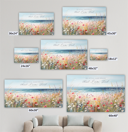 a collection of five framed artworks depicting a serene landscape with a field of flowers and a body of water. The artworks vary in size, ranging from 36x24" to 48x32" and 60x30". The text "Be still and know that I am God" is visible on each artwork, suggesting a religious or spiritual theme.