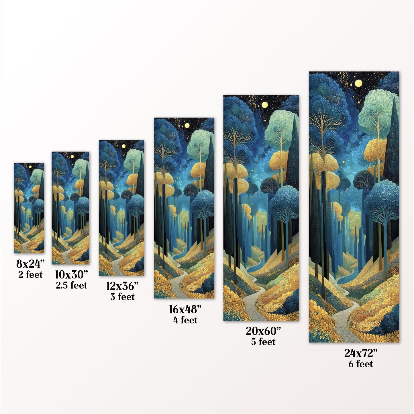 a series of paintings or illustrations of a forest scene, each varying in size and dimensions. The paintings are labeled with their respective measurements, ranging from 8'x24" to 20'x60", and 6'x24" to 24'x60", providing a visual representation of the different sizes of the artworks.