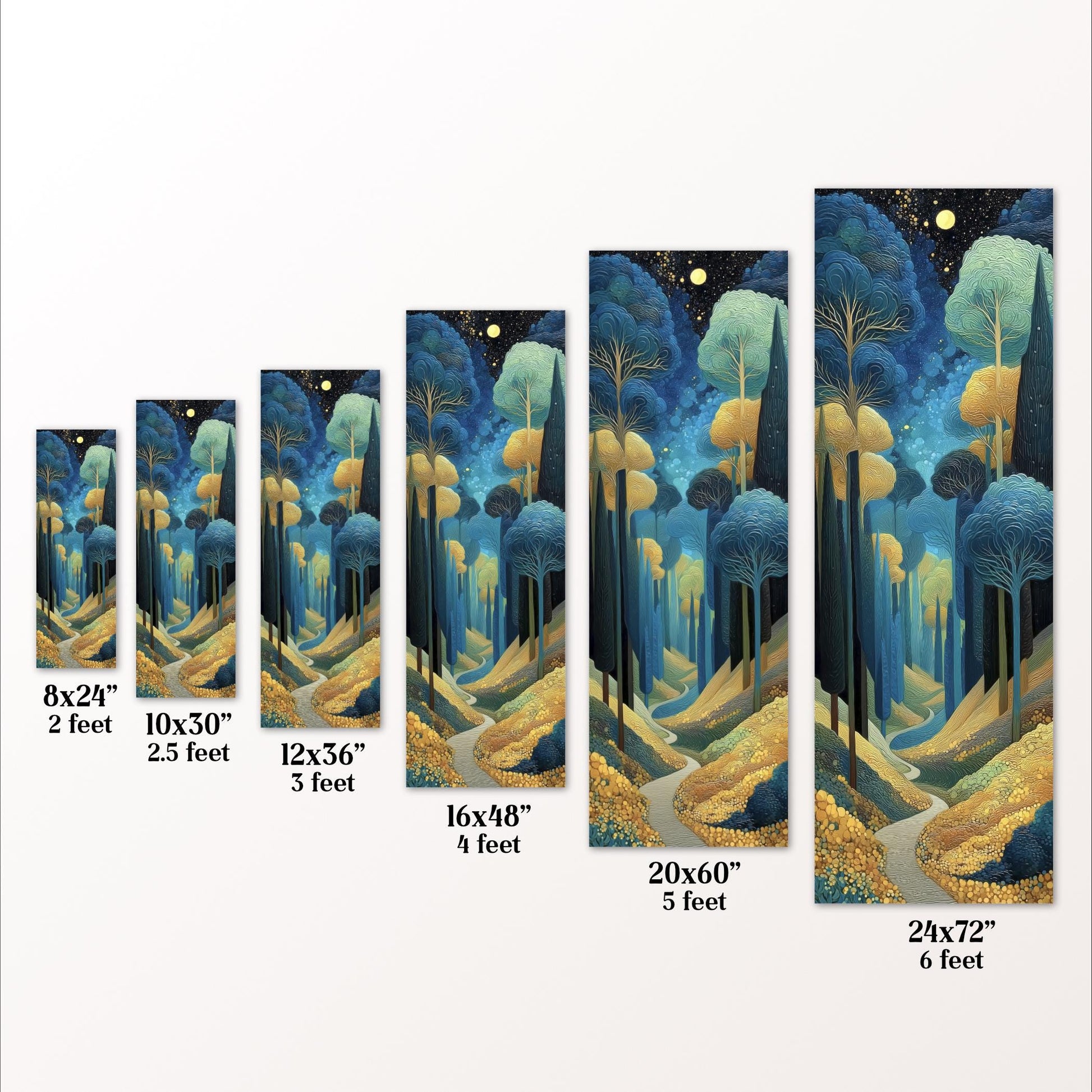 a series of paintings or illustrations of a forest scene, each varying in size and dimensions. The paintings are labeled with their respective measurements, ranging from 8'x24" to 20'x60", and 6'x24" to 24'x60", providing a visual representation of the different sizes of the artworks.