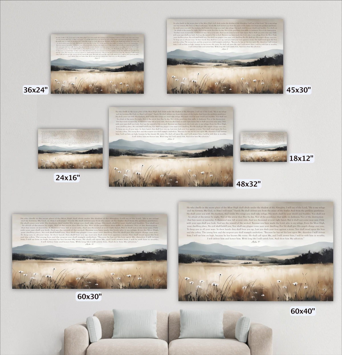 a collection of six landscape paintings or photographs, each depicting a serene countryside scene with a field of flowers and mountains in the background. The paintings vary in size, ranging from 36x24" to 48x32", and are displayed on a wall next to a couch. The text accompanying the images is too small to read, and there are no other objects or actions visible in the scene.