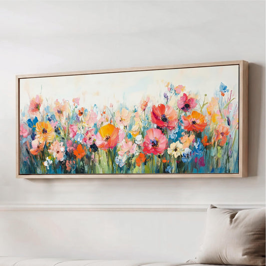Wildflower Field Colorful Canvas Wall Art, Meadow of Flowers, Panorama Floral Landscape, Modern Large Horizontal Framed Cottagecore Artwork