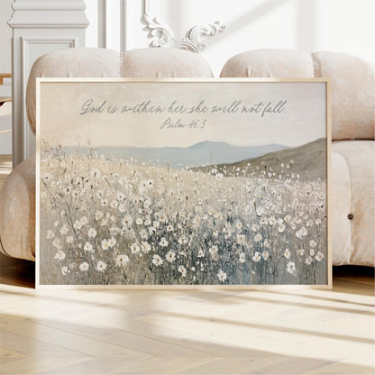 A framed painting depicting a field of white flowers, with a text overlay that reads "God is within her, she will not fall" and a Bible verse reference.