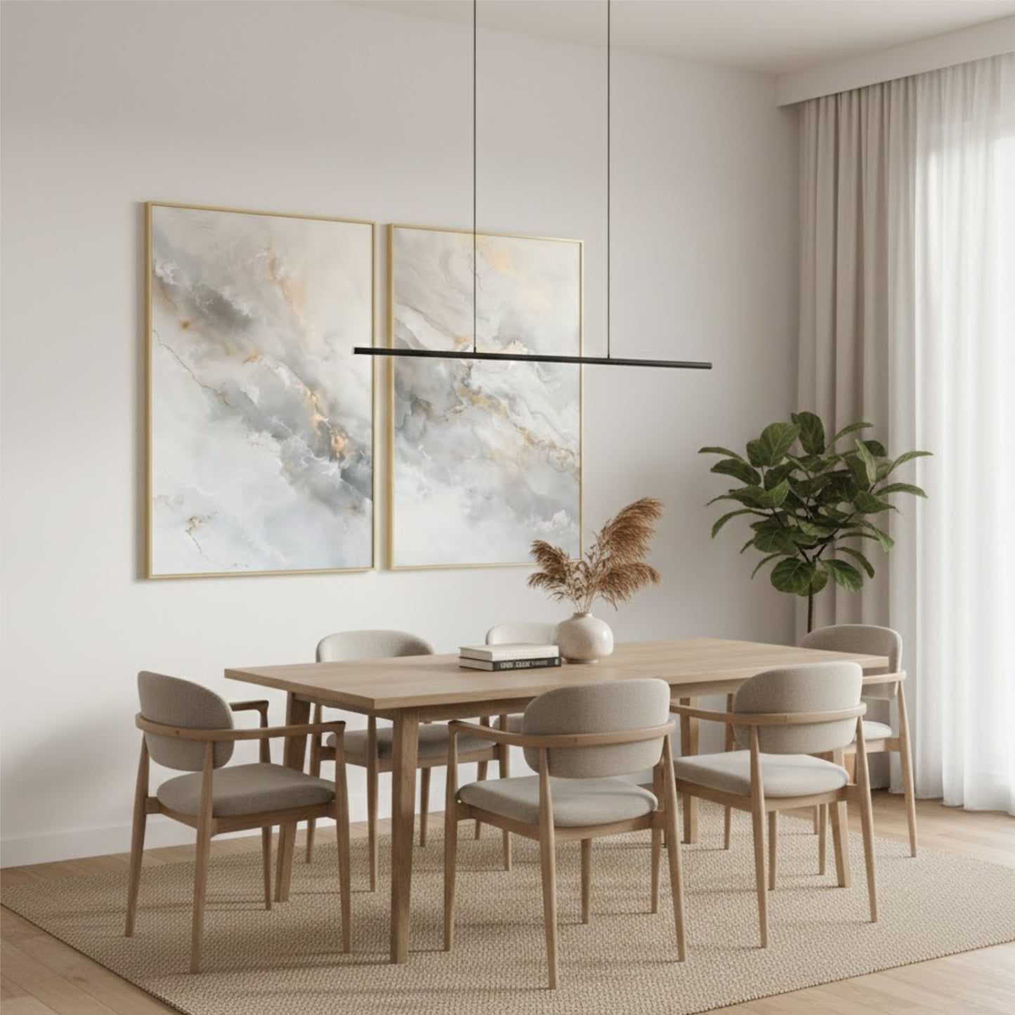 a modern dining room with a wooden table and six matching chairs. The room has a minimalist and clean design, with a large abstract painting on the wall and a potted plant adding a touch of greenery. The overall atmosphere is calm and inviting, with a focus on simplicity and functionality.